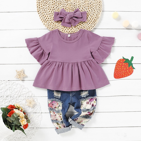 3-piece Baby / Toddler Girl Casual Solid Bell Sleeves Top and Floral Cropped Pants with Headband Set