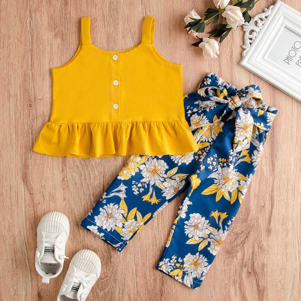 2-piece Baby / Toddler Girl Flounce Sleeveless Solid Top and Floral Print Pants Set