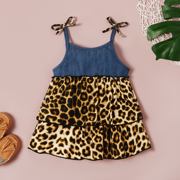 Baby Girl Stylish Denim Splice Leopard Print Sling Dress