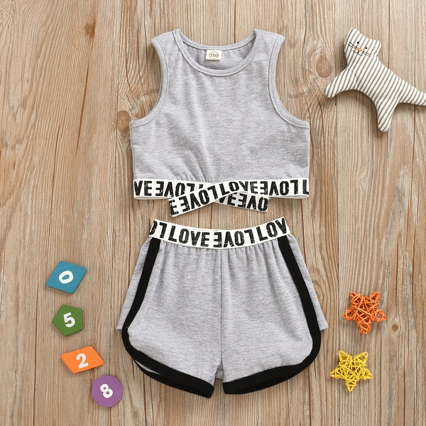 2-piece Baby / Toddler Girl Solid Letter Print Top and Shorts Set