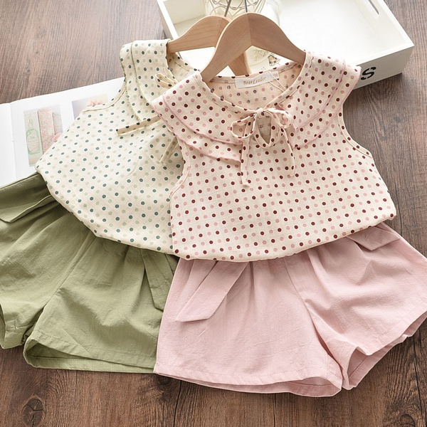 2-piece Baby / Toddler Girl Pretty Polka Dots Doll Collar Top and Solid Shorts Sets