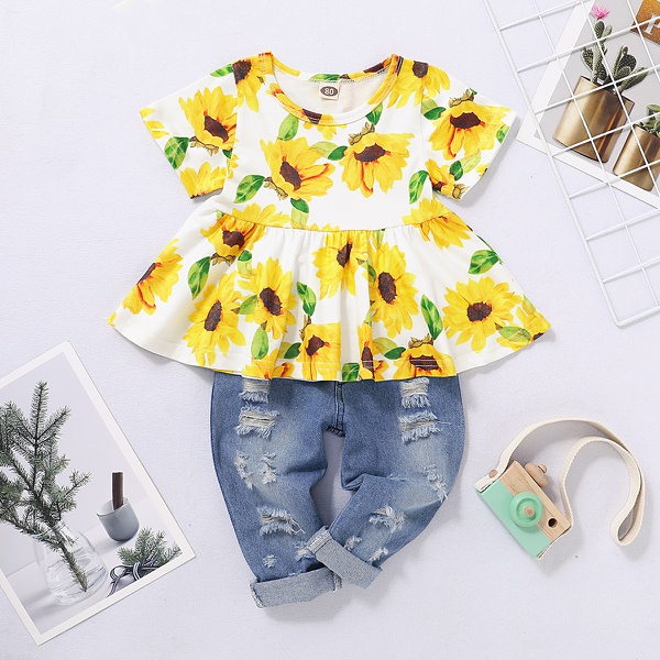 Sunflower Print Short-sleeve Top and Jeans Set