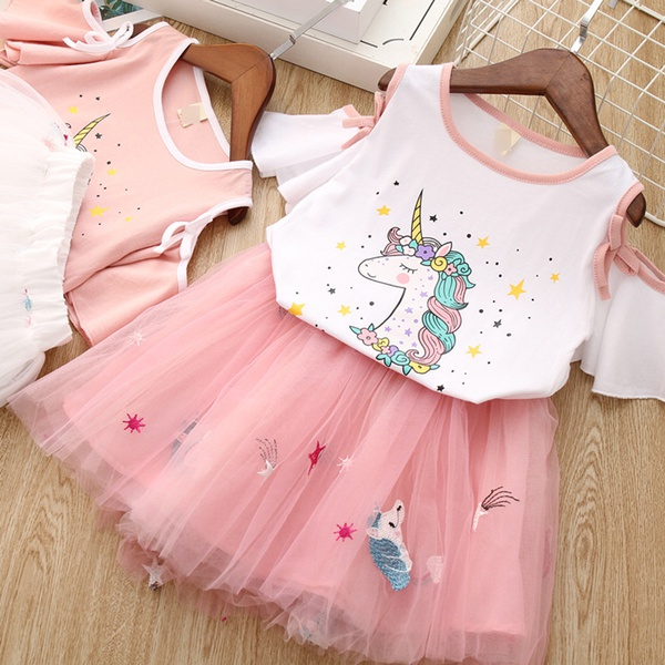 2-piece Toddler Unicorn Top and Embroidered Tulle Skirt Set (No Bag)