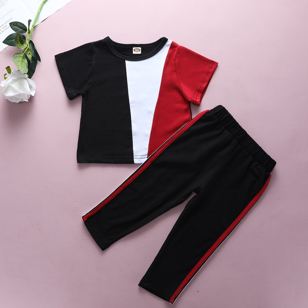 2-piece Baby / Toddler Colorblock Short-sleeve Top and Striped Pants Set