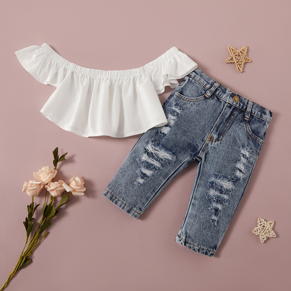 2-piece Baby / Toddler Girl Solid Off Shoulder Top and Jeans Set