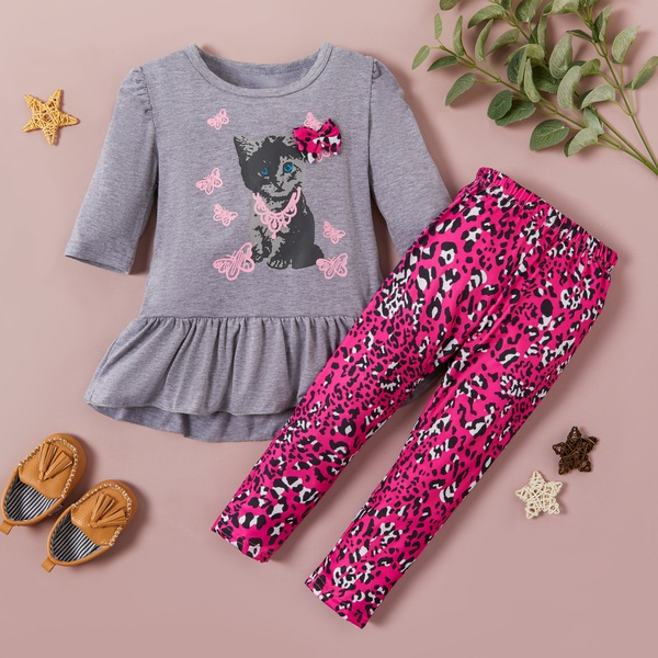 Cat Print Dress and Leopard Print Pants Set