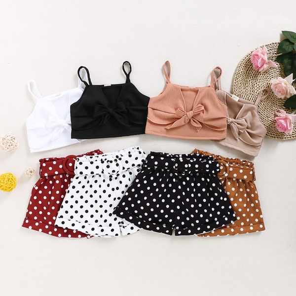 2-piece Baby / Toddler Girl Solid Bowknot Top and Polka Dots Sets