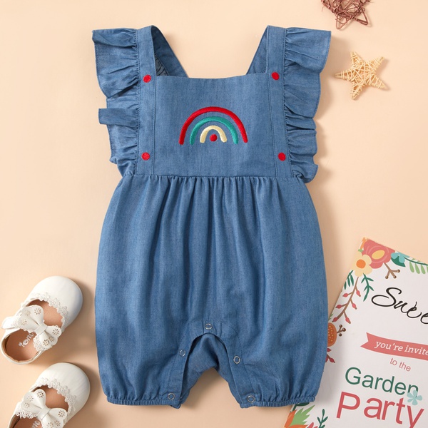 Baby Rainbow Embroidered Flutter-sleeve Denim Bodysuits