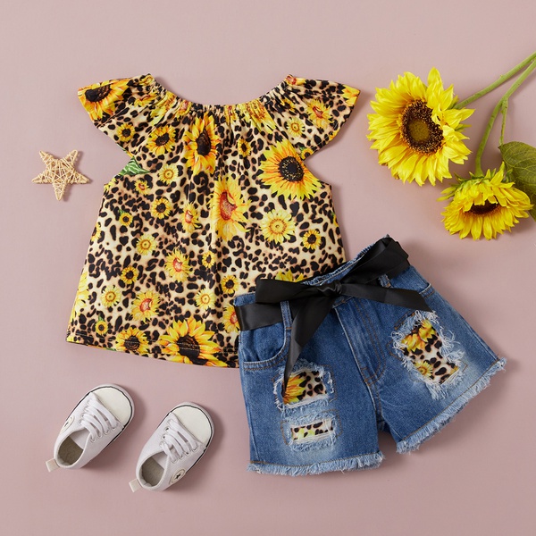 Baby Girl Sunflower Allover Top and Ripped Denim Shorts Set