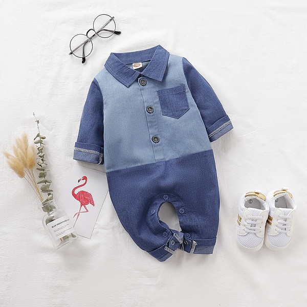 Baby Boy Denim Style Polo Collar Cardigan Design Long-sleeve Jumpsuit
