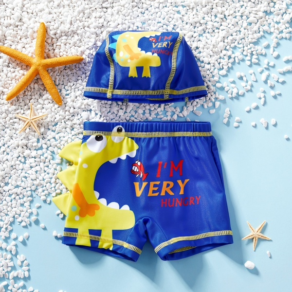 2-piece Baby / Toddler Boy Adorable Dino Print Shorts and Hat Swimwear Set
