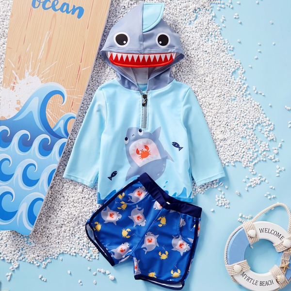 2-piece Toddler Boy Adorable Shark Decor Hoodie Top and Shorts Swimsuit Set