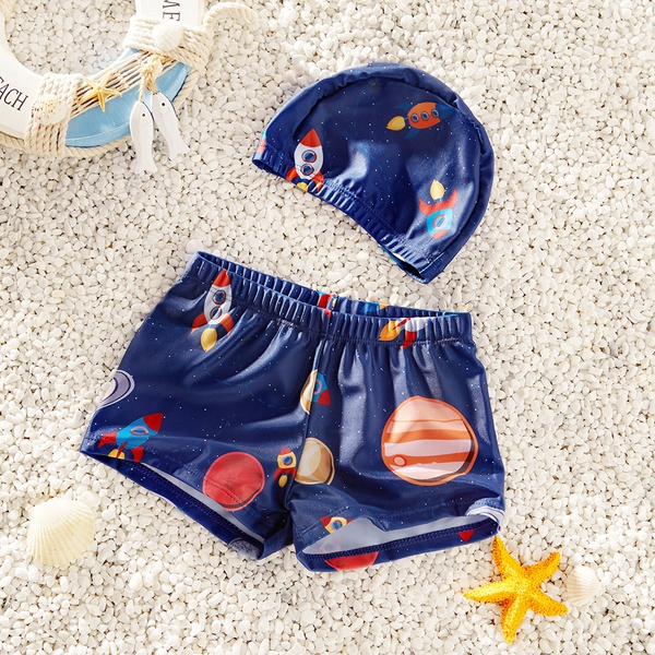 Baby / Toddler Boy Cartoon Rocket Print Trunk and Hat Swimsuit Set