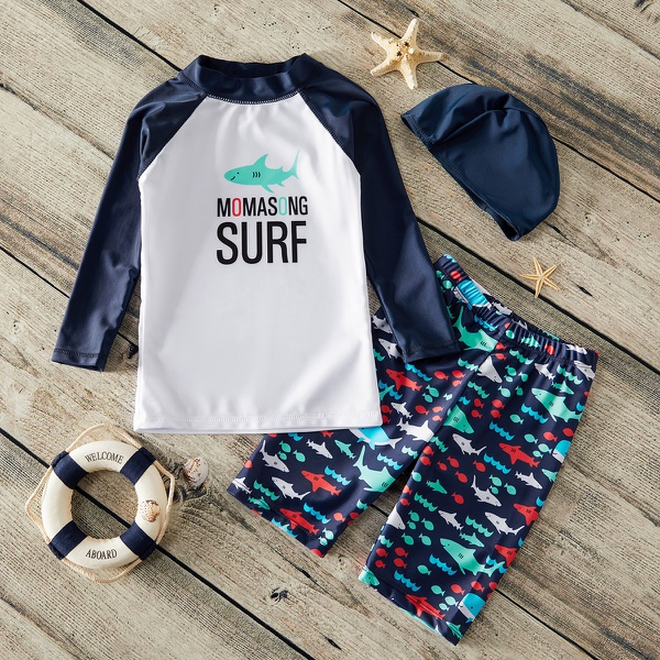 3-piece Toddler Boy Letter Print Long-sleeve Top and Milkshake Bottom with Hat Swimsuit Set
