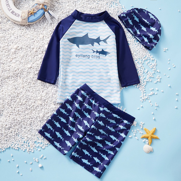 3-piece Toddler Boy Shark Print Long-sleeve Rashguard and Trunk with Hat Swimsuit Set