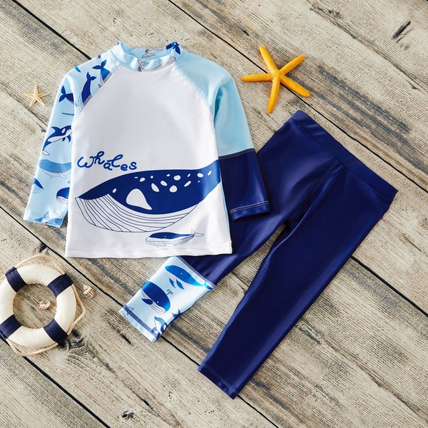 2-piece Toddler Boy Adorable Whale Print Top and Solid Bottom Swimwear Set