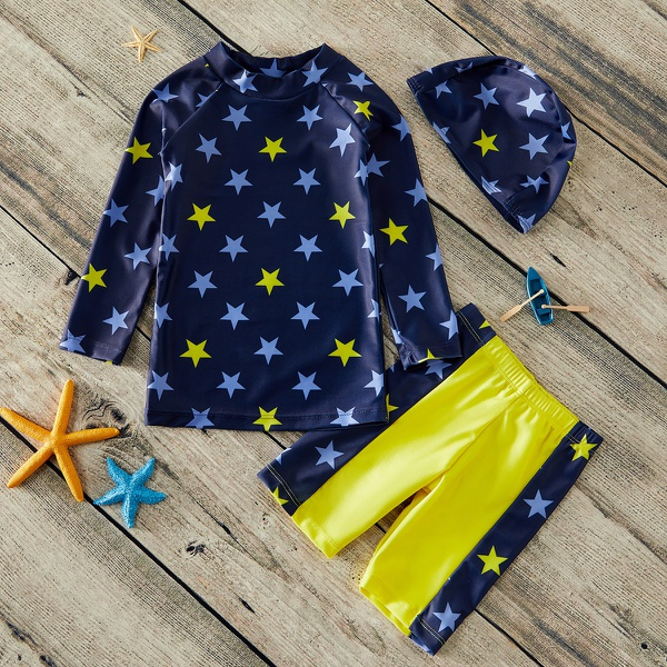 3-piece Toddler Boy Stars Print Top and Bottom with Hat Swimwear Sets