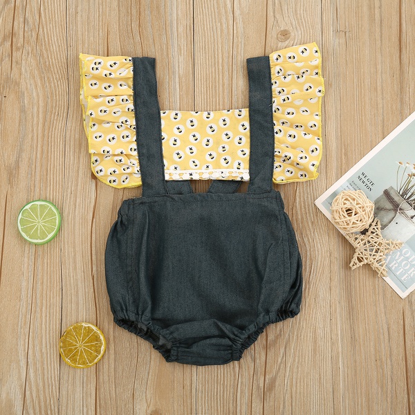 Baby Cute Bee Print Flounced-sleeve Denim Jumpsuit