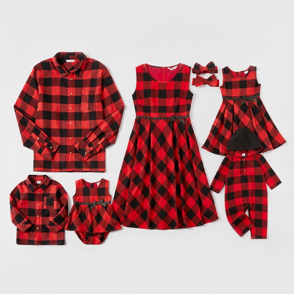 osaic Family Matching Cotton Christmas Sets(Bowknot Tank Dresses - Plaid Button Front Shirts- Rompers)