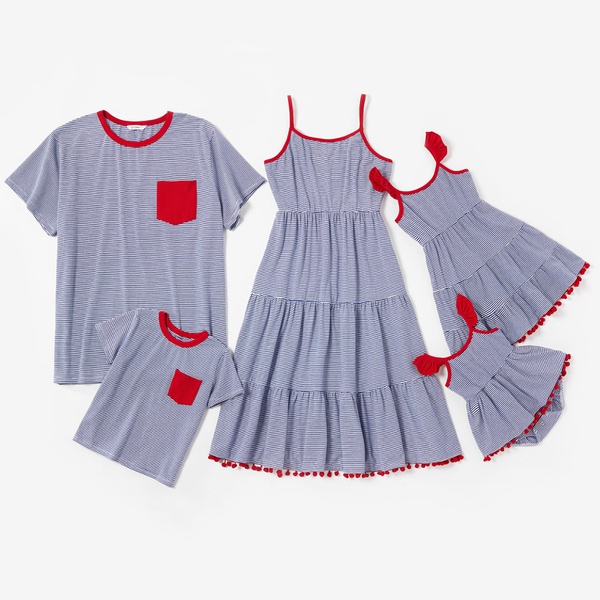 Mosaic Matching Outfits Cotton Striped Tops Flutter-sleeve Tassel Tank Dresses for Dad-Mom-Boy-Girl-Baby