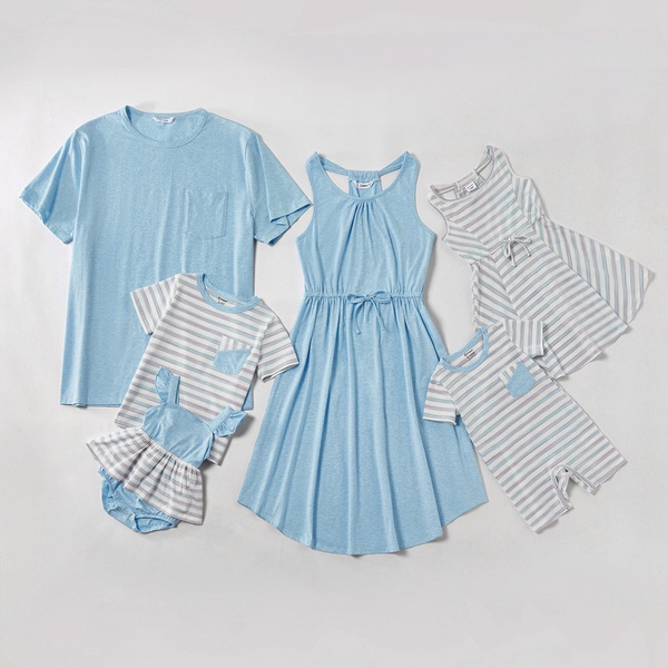 Mosaic Family Matching Blue Stripe Cotton Tank Dresses - Rompers - Tops