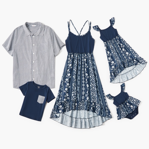 Mosaic Family Matching Dark Blue Sets(Floral Tank Dresses - Stripe Shirts - Rompers)
