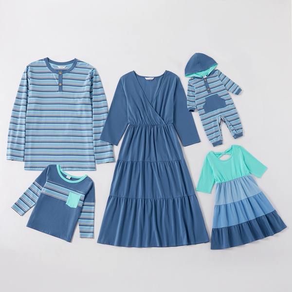 Mosaic Cotton Family Matching Blue Sets(Stripe Long Sleeve T-shirts - Hoodies Rompers - Solid Dresses)