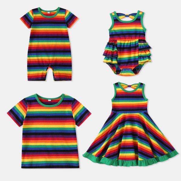 Mosaic Sibling Cotton Rainbow Stripe Brothers T-shirt Sisters Twirling Tank Dresses - Rompers