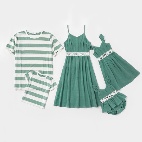 Mosaic Family Matching Cotton Hollow Out Lace Flutter-sleeve Tank Dresses Stripe T-shirts