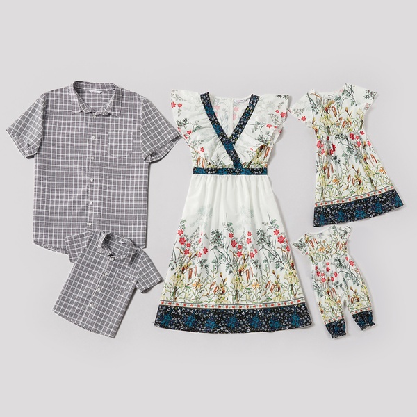 Mosaic Family Matching Autumn Sets (Floral V-neck Flounced Dresses Plaid Short Sleeve Shirts - Rompers)