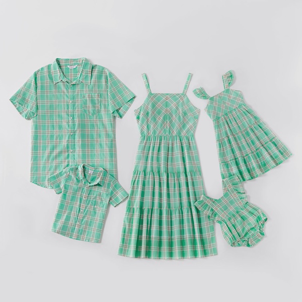 Mosaic Green Plaid Series 100% Cotton Family Matching Sets(Tank Dresses - Rompers -Button Front Shirts)