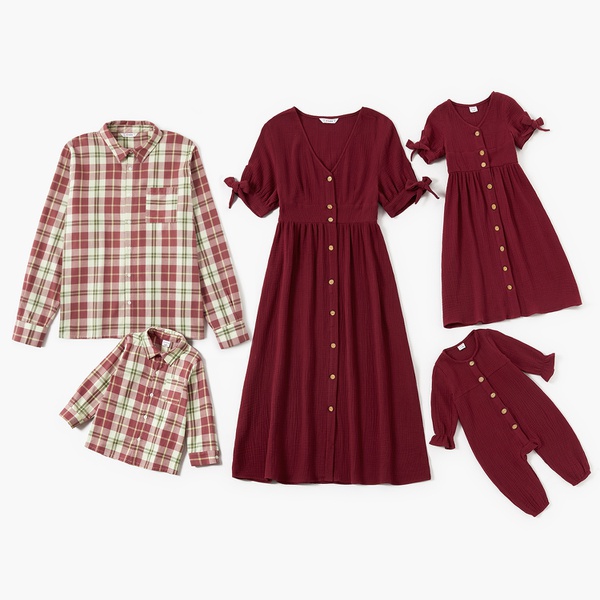 Mosaic 100% Cotton Festive Series Family Matching Sets（V-neck Red Dresses - Rompers - Plaid Button Front Shirts)