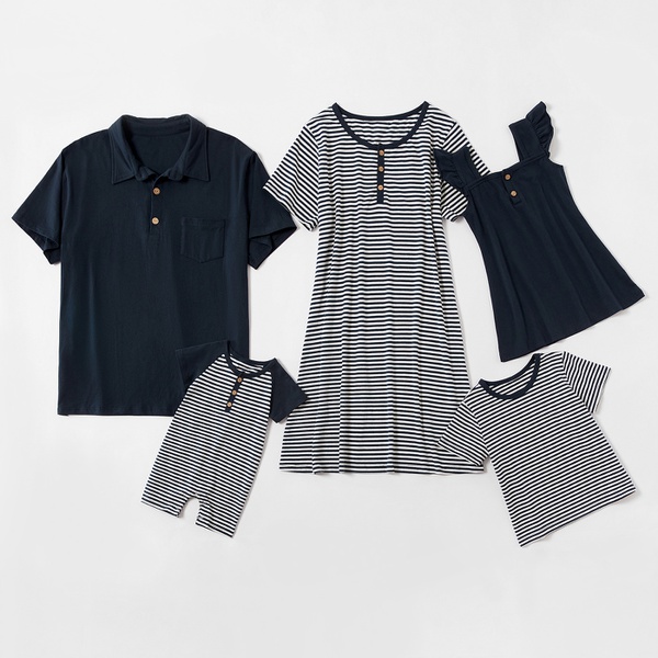 Mosaic Family Matching Cotton Stripe Dresses Raglan sleeves Rompers and Solid Polo T-shirts