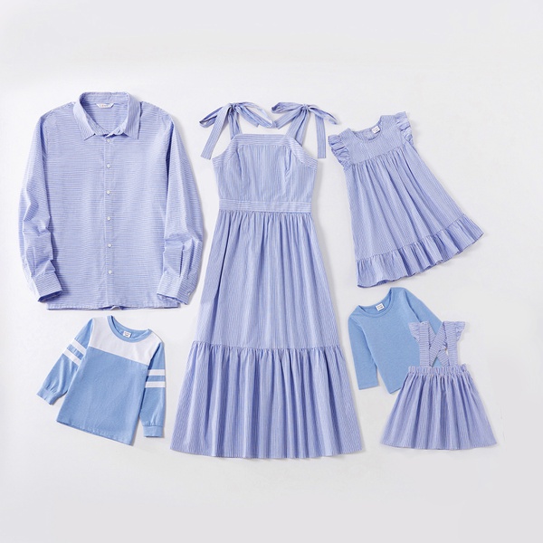 Mosaic 100% Cotton Blue and White Casual Family Matching Sets(Suspender Dresses - Long Sleeve T-shirts - Pinstripe Shirts )