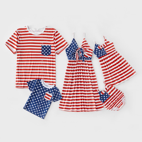 Mosaic Independence Day Cotton Stripe Stars Tank Dresses Matching Sets for Dad-Mom-Baby