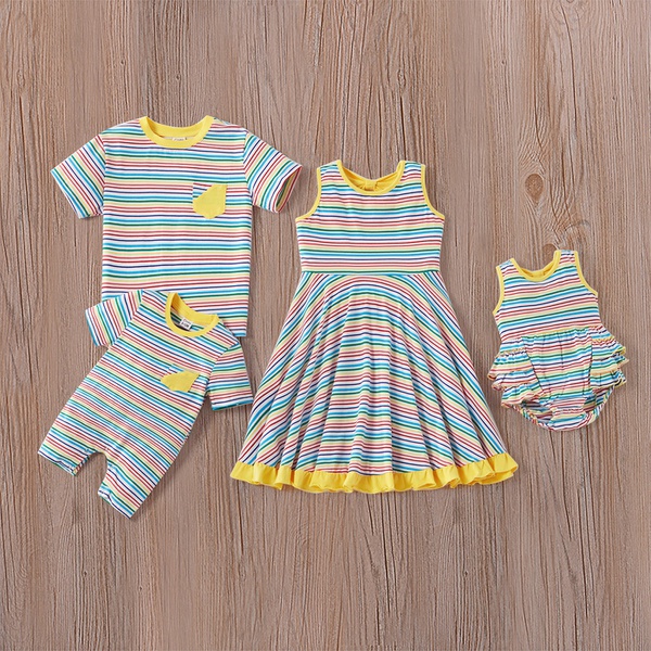 Mosaic Pinstriped Family Matching Cotton Sibling Tee Rompers Twirl Dresses