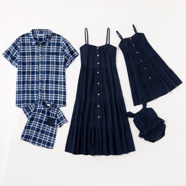 Mosaic 100% Cotton Family Matching Royal Blue Sets(Suspender Dresses - Plaid Short Sleeve Shirts - Rompers)