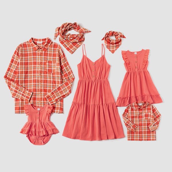 Mosaic 100% Cotton Family Matching Sets in Autumn(Solid Tank Dresses -Plaid Button Front Shirts- Rompers)