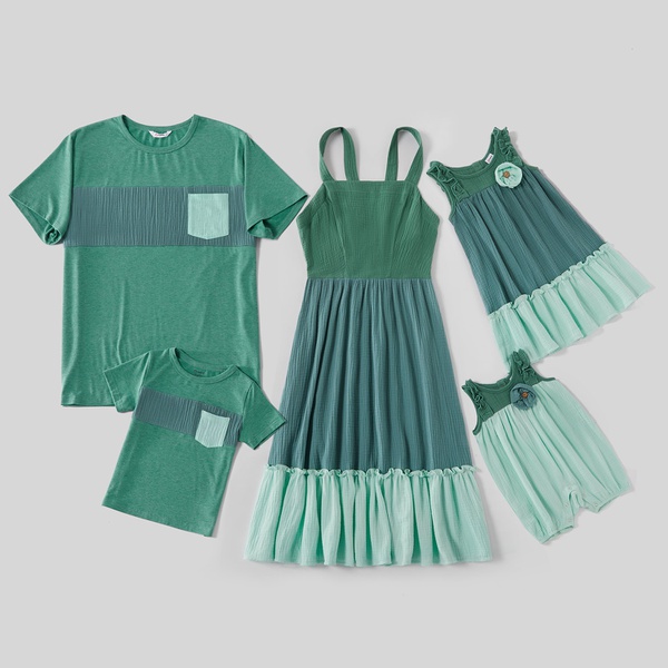Mosaic Family Matching Green Splice 100% Cotton Sets（Tank Dresses -Rompers - Tops)