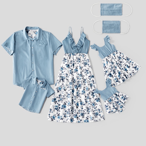 Mosaic 100% Cotton Family Matching Sets(Floral Flounce Tank Dresses - Denim Tops - Rompers -Masks)