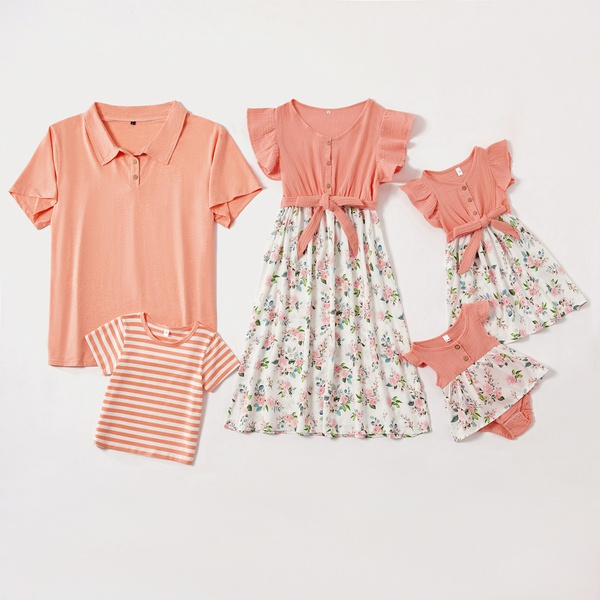 Mosaic Family Matching Cotton Stripe T-shirts Flutter-sleeve Floral Dresses - Rompers - Polo Shirts