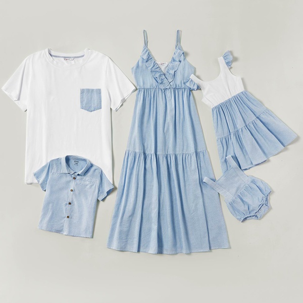 Mosaic Family Matching Pinstripe Blue Series 100% Cotton Tank Dresses Polo shirts and Simple T-shirts
