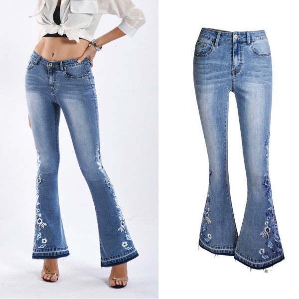Casual Solid Embroidered Loose Pants Jeans Bell-bottoms