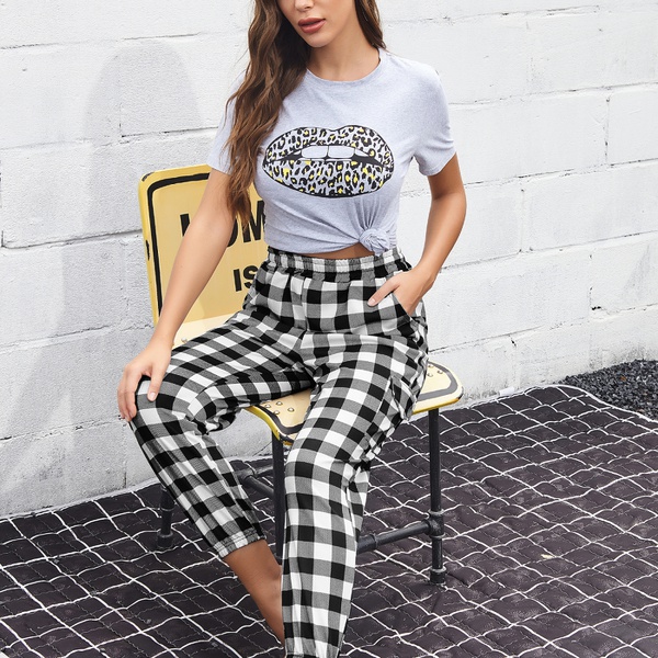 Casual Plaid high-waist tapered pants