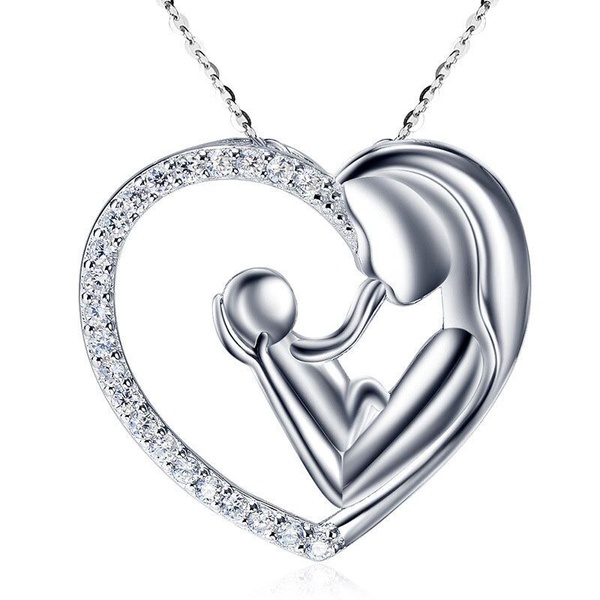 Mother's Day Silver Mother and Child Love Heart Pendant Necklace Gifts