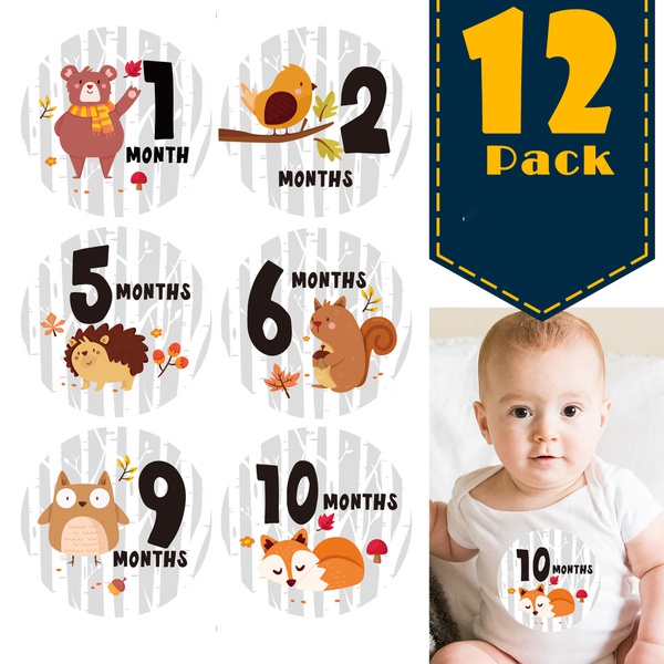 12-pack Resuable Waterproof Animal Print Baby Monthly Milestone Stickers