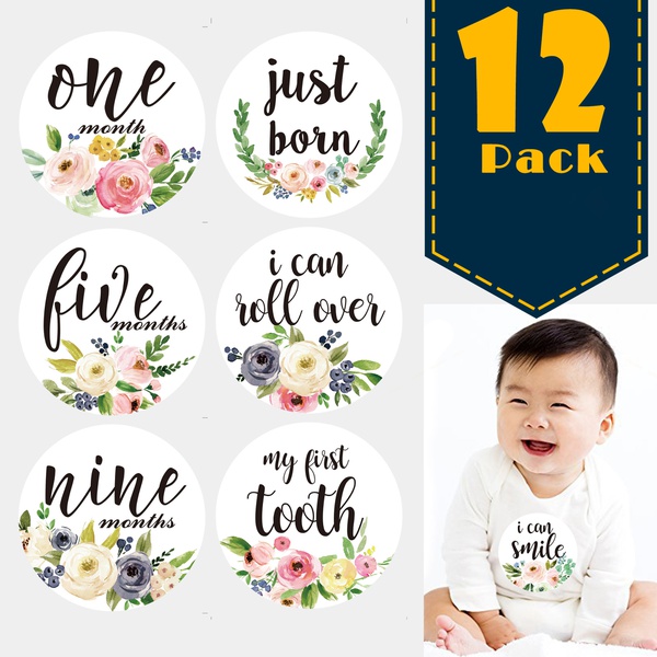 12-pack Resuable Waterproof Floral Print Baby Monthly Milestone Stickers