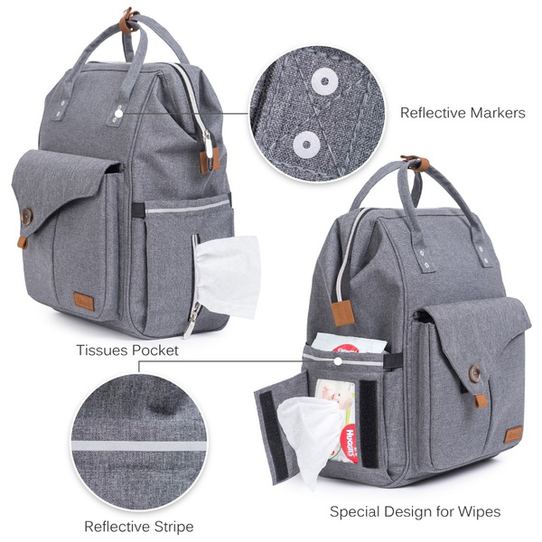 Waterproof Polyester Cloth Diaper Bag Backpack Large Capacity, Waterproof Multifunctional Maternity Baby Changing Bags in Grey with Stroller Strap Changing Pad
