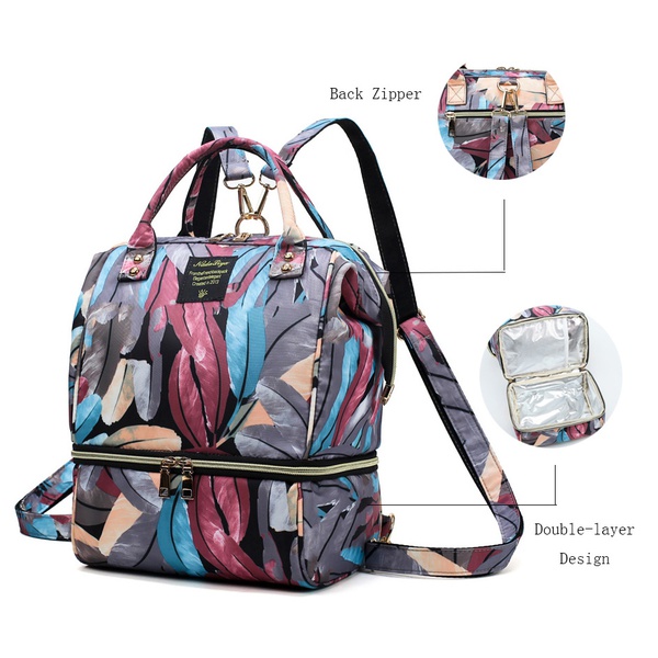 Multifunctional Mummy Diaper Backpack Feather Print Insulated Maternity Travel Baby Changing Backpack