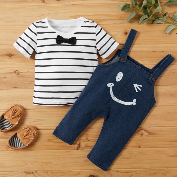 Baby Gentle Striped Top and Denim Suspender Pants Set (No Shoes )